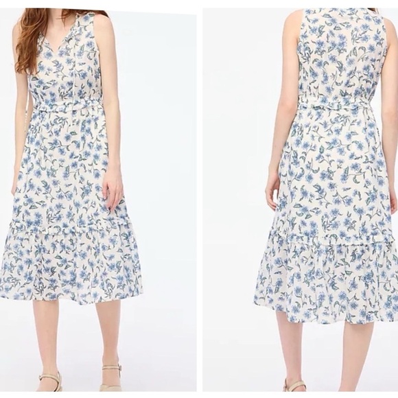 J Crew Factory | Tie-Front Midi Sundress | Ivory & Sunfaded Blue Floral | Size 8 - Picture 1 of 16